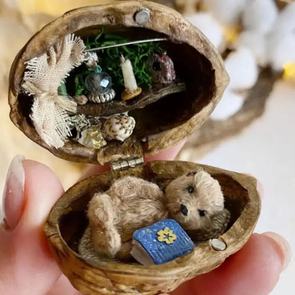 Handmade. Walnut Shell Doll House--mini library, tiny World inside walnuts