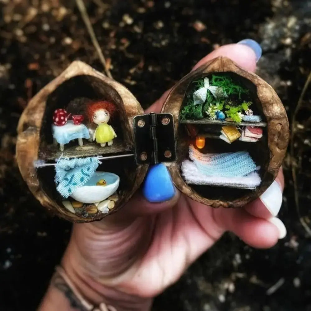 Handmade. Walnut Shell Doll House--mini library, tiny World inside walnuts